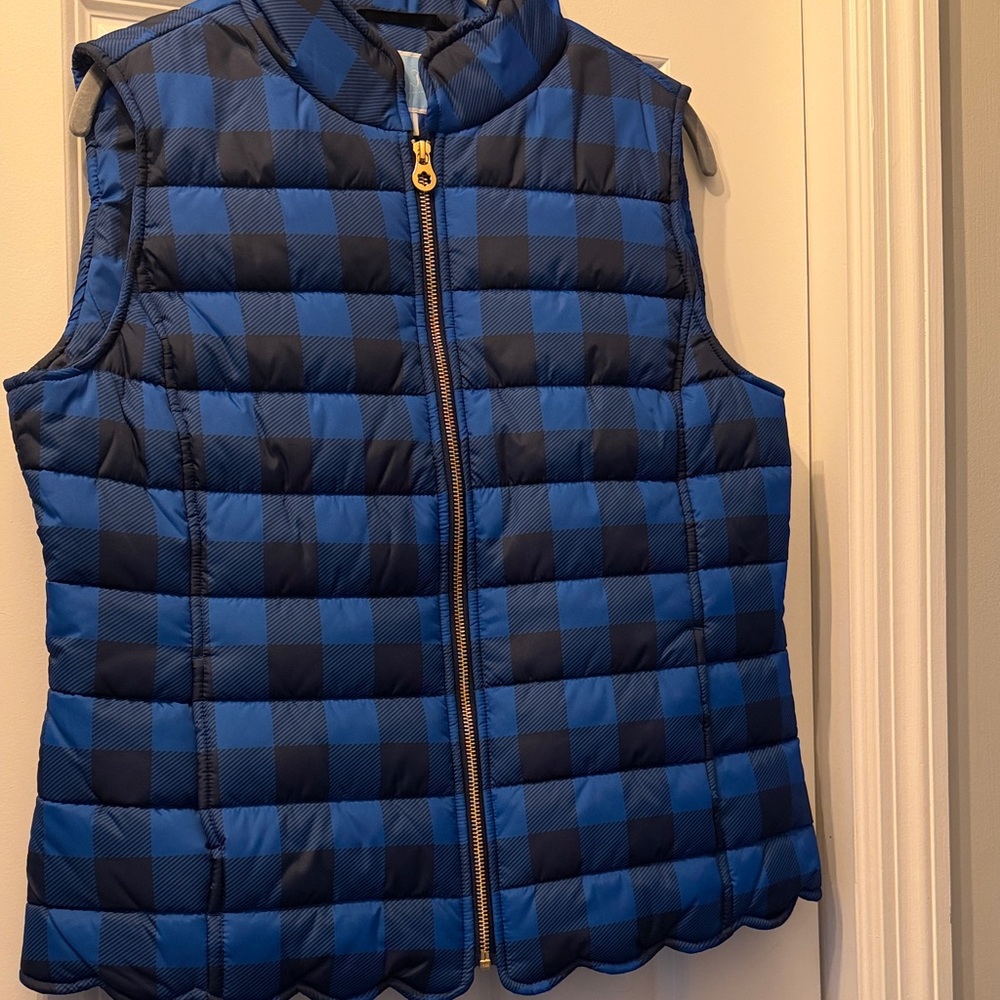 Draper James Navy & Blue Buffalo Check Scallop Hem Puffer Vest.